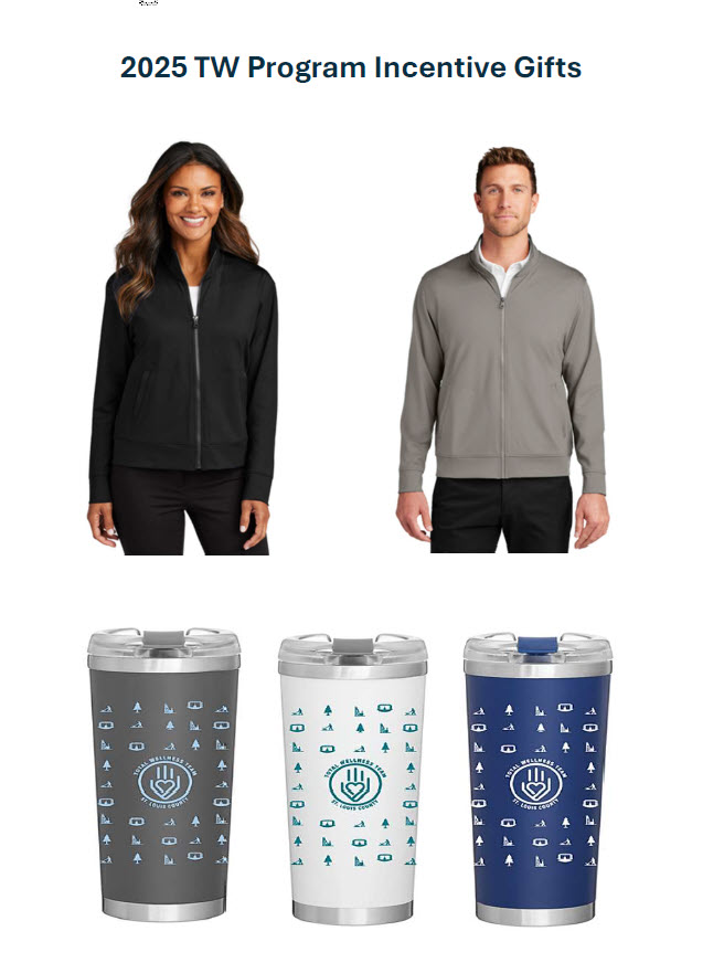 Womens and Mens zip up hoodies in black and gray and a gray, white and blue stainless beverage holders